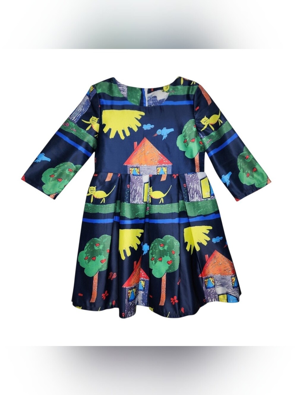 Navy Dress With School House Drawing Print Girls Sz 6 Picture Day School
